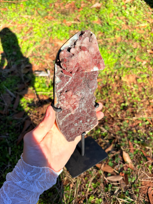 Sugary Raw Pink/Red Amethyst on Stand