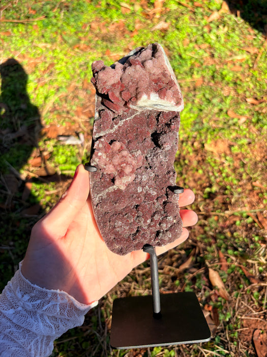 Sugary Raw Pink/Red Amethyst on Stand