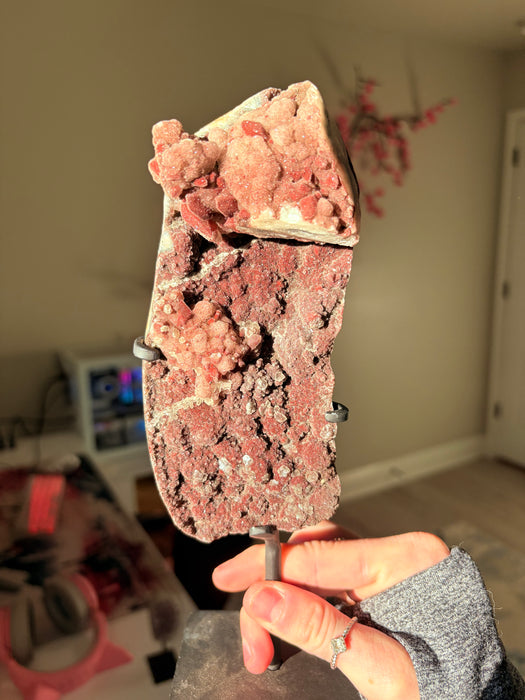 Sugary Raw Pink/Red Amethyst on Stand