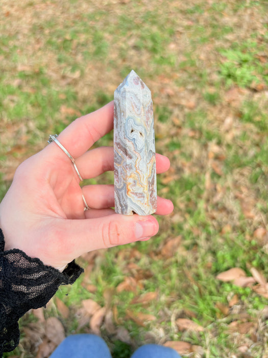 Beautiful Crazy Lace Agate Tower with Druzy