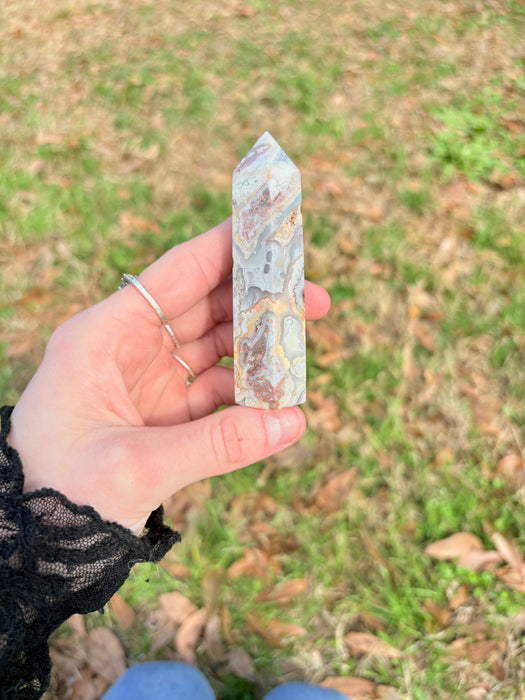 Beautiful Crazy Lace Agate Tower with Druzy