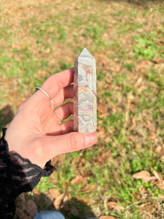 Beautiful Crazy Lace Agate Tower with Druzy
