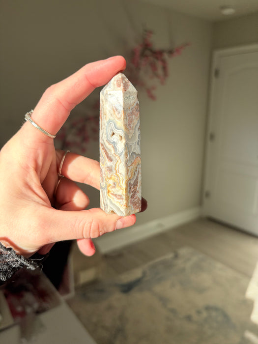 Beautiful Crazy Lace Agate Tower with Druzy