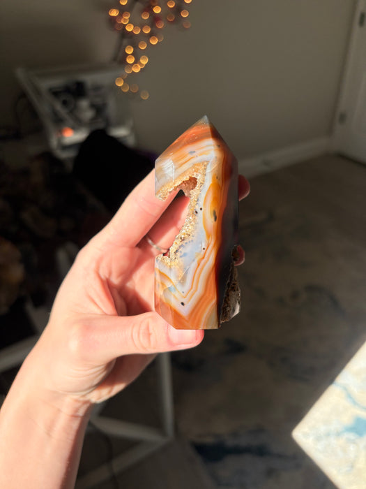 Druzy Orange & Blue Banded Agate Tower